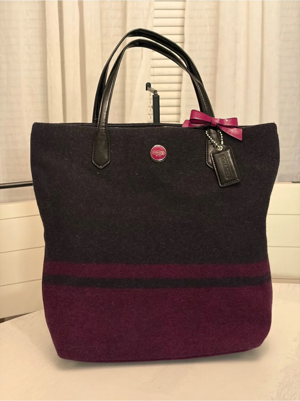 Coach Black and Berry Wool Tote with Leather Handles and Bow Charm. 11.5 x 23.5